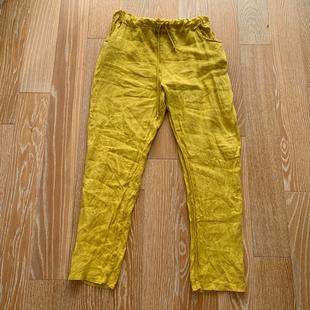 Yellow Linen Casual Elastic Waist Pants